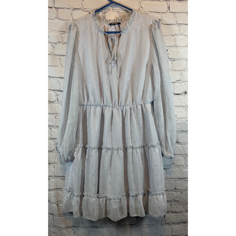 BTFBM‎ Women's Long Sleeve Mini Dress Tiered Ruffle Gray Silver Size L